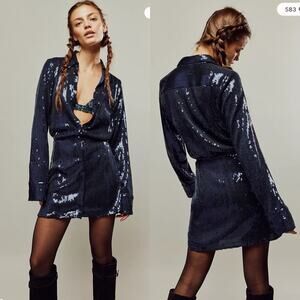 Free People Sophie Sequin Mini Shirt Dress - Midnight Navy - Small - NWT